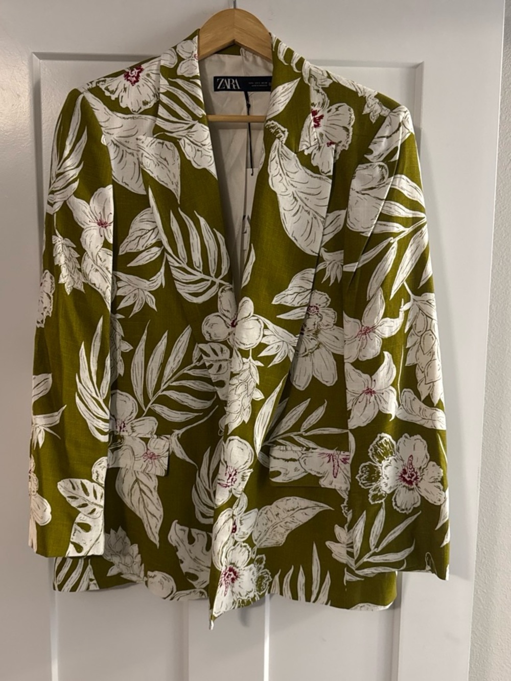 Zara Olive Green Floral Printed Blazer with White and Pink Accents